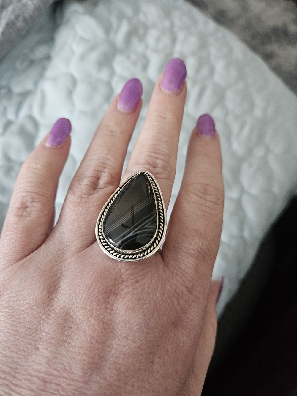 Sterling Silver Banded, Botswana Agate Ring Sz 12.5
